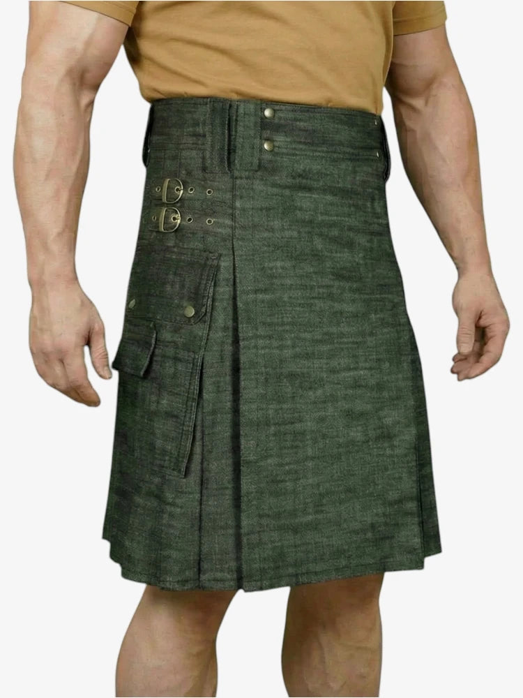 Jupe Écossaise en Denim Vert Olive Foncé avec Poche Cargo