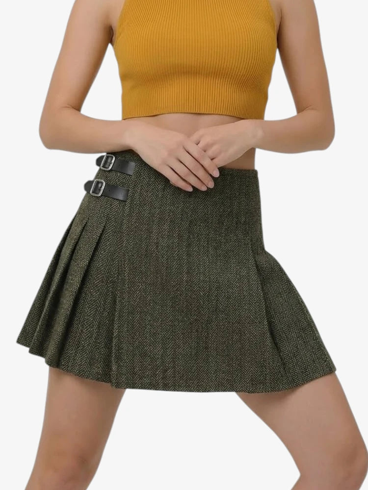 Kilt en Tweed Vert Olive Foncé pour Femme
