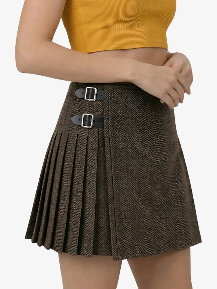 Kilt en Tweed Vert Olive Foncé pour Femme