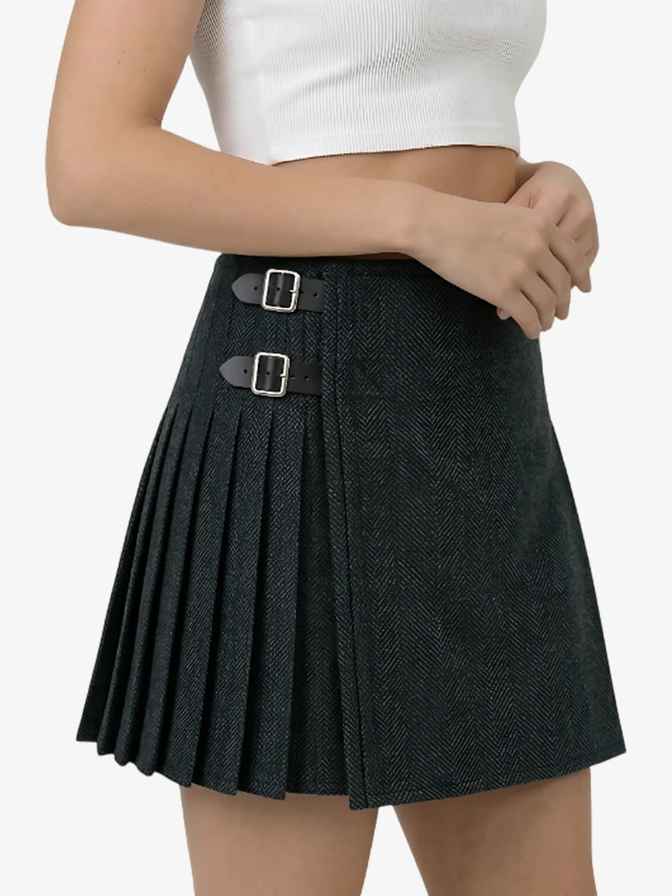 Kilt en Tweed Bleu Vert Foncé pour Femme