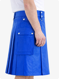 Electric Blue Genuine Leather Utility Kilt with Cargo Pockets & D-Rings