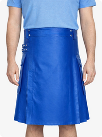 Electric Blue Genuine Leather Utility Kilt with Side Pockets