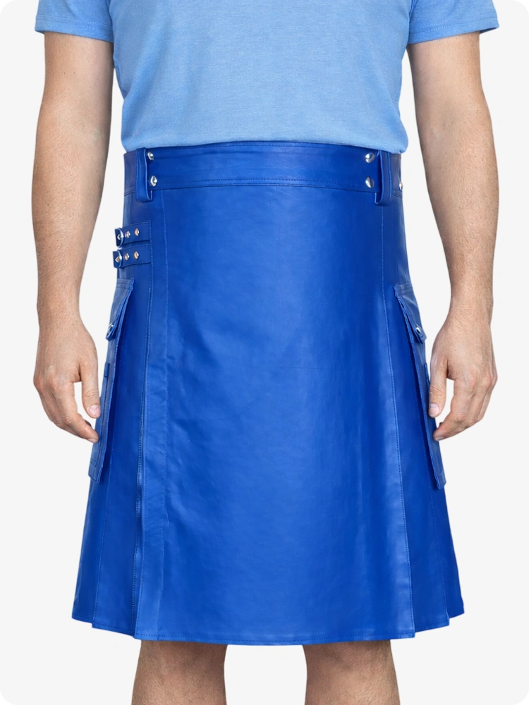 Electric Blue Genuine Leather Utility Kilt with Side Pockets