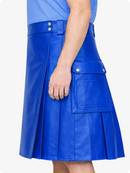 Electric Blue Genuine Leather Utility Kilt with Side Pockets