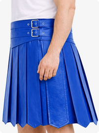 Electric Blue pleated skirt with a belt on a white background