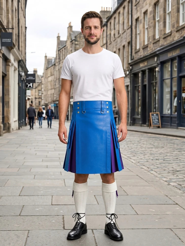 Electric Blue Leather Kilt With Purple Pleats Front Side