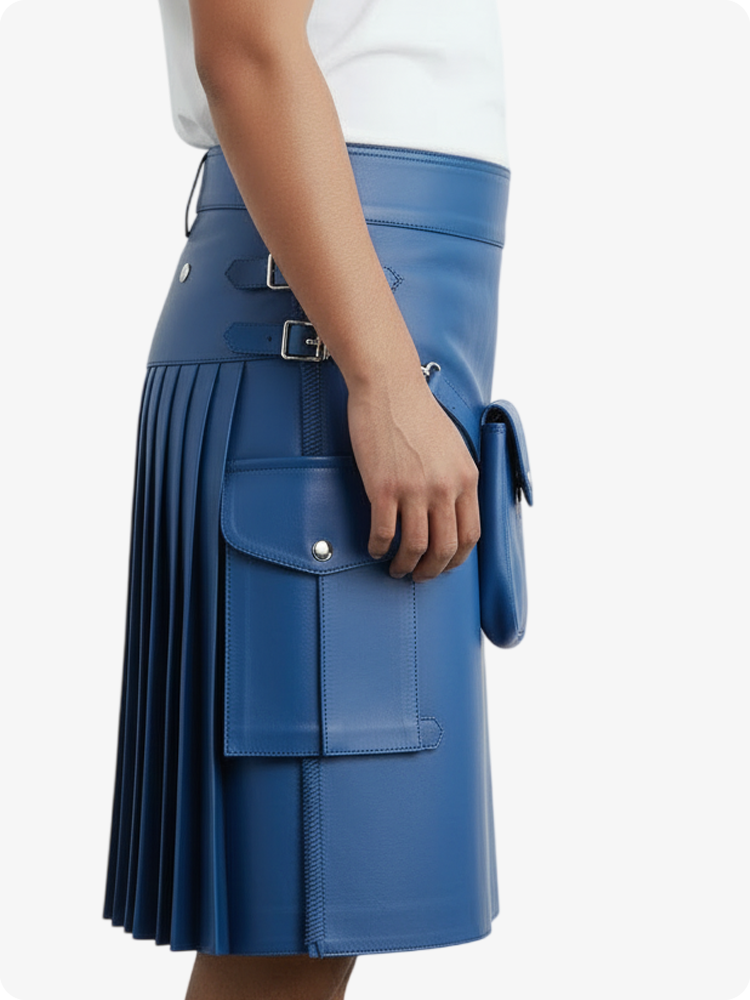 Kilt en cuir plissé bleu électrique avec passants de ceinture et sangles latérales
