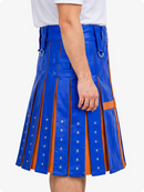 Electric Blue and Brown pleated kilt worn by a person on a white background