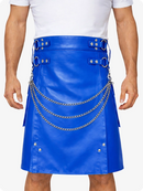 Electric Blue Leather Utility Kilt with Chain Detailing & Adjustable Straps