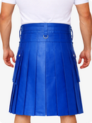 Electric Blue pleated skirt worn by a person on a white background