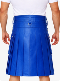 Electric Blue pleated skirt worn by a person on a white background