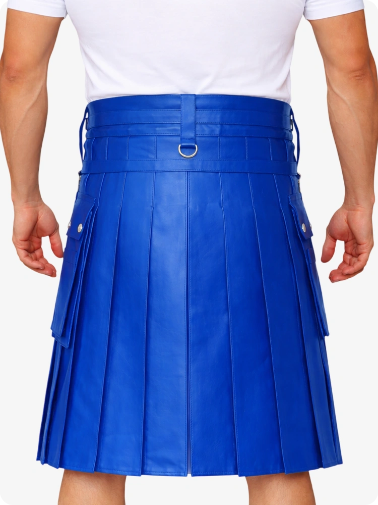 Electric Blue pleated skirt worn by a person on a white background