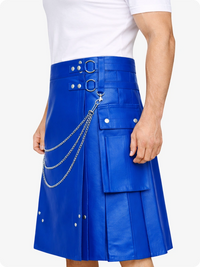 Electric Blue Leather Utility Kilt with Chain Detailing & Adjustable Straps