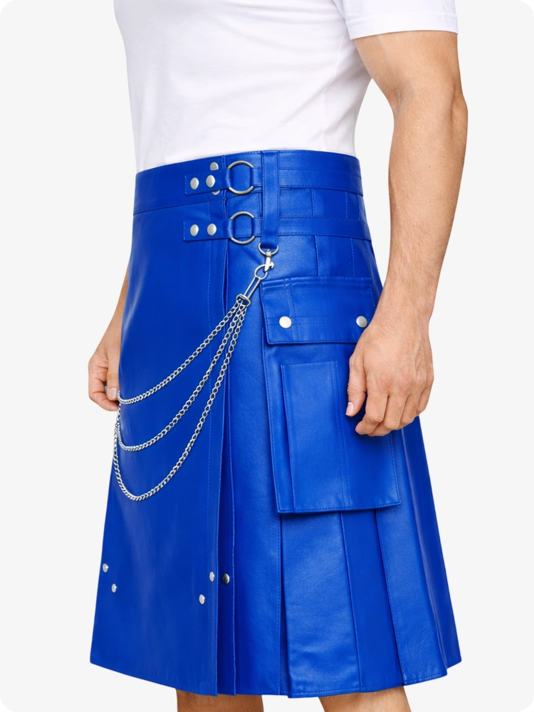 Electric Blue Leather Utility Kilt with Chain Detailing & Adjustable Straps