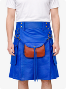 Electric Blue leather kilt with a brown leather pouch worn by a person