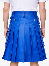 ELectric Blue pleated Kilt worn by a person on a white background