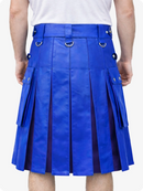 ELectric Blue pleated kilt worn by a person on a white background