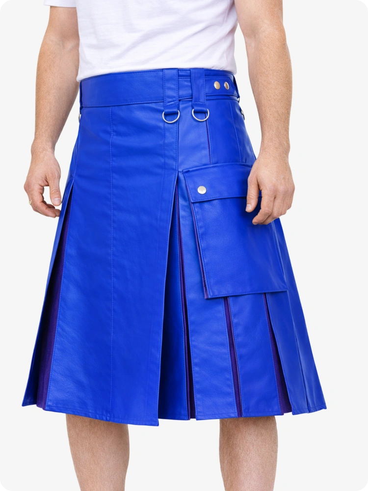 Electric Blue kilt with grommets and buttons on a white background