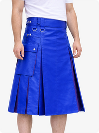 Blue kilt worn by a person on a white background