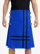 Electric Blue kilt with black stripes and metal buttons worn by a person on a white background
