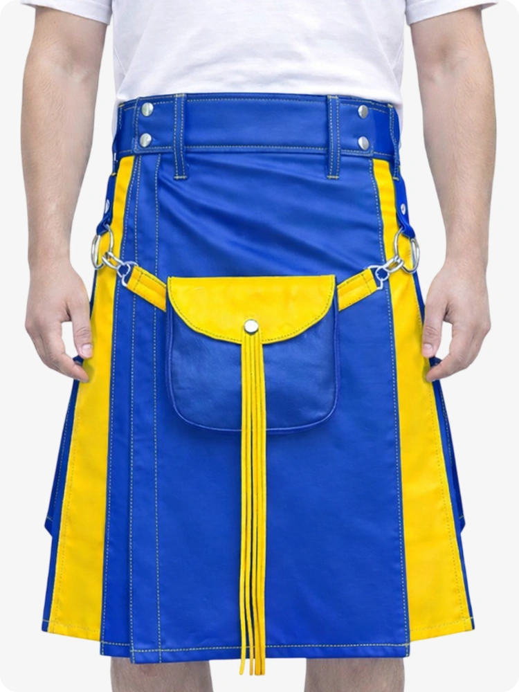 Electric Blue Leather Utility Kilt with Yellow Accents & Detachable Pockets