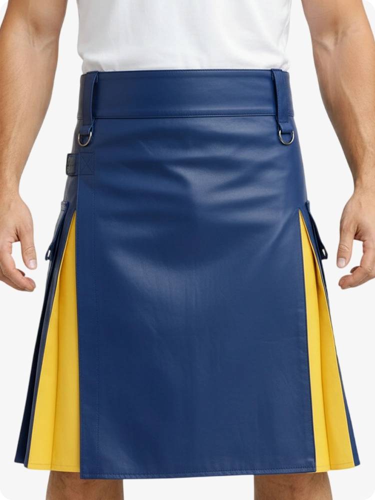 Kilt en cuir bleu électrique et jaune avec poches cargo