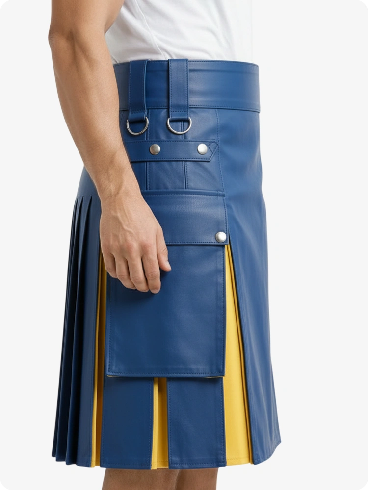 Kilt en cuir bleu électrique et jaune avec poches cargo