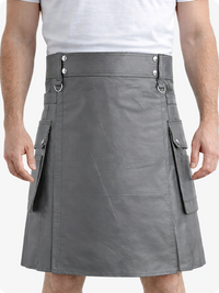 Grey Genuine Leather Utility Kilt with Cargo Pockets & D-Rings