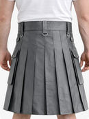 Grey Genuine Leather Utility Kilt with Cargo Pockets & D-Rings