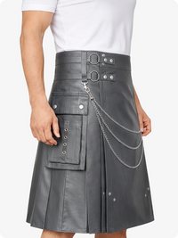 Grey Leather Utility Kilt with Chain Detailing & Adjustable Straps
