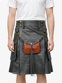 Person wearing a gray leather kilt with a brown leather pouch on a white background
