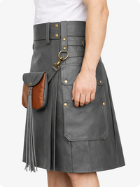 Gray leather kilt with brown leather pouch on a white background