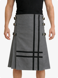 Gray kilt with black cross design and gold buttons on a white background