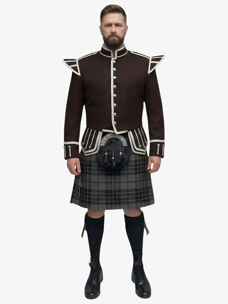 Ensemble Kilt Doublet Tartan Grey Watch avec Veste Marron Foncé