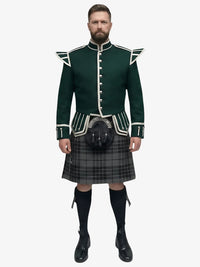 Grey Watch Tartan Doublet Kilt Outfit with Dark Green Jacket with Grey Background