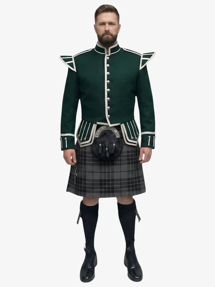 Ensemble Kilt Doublet Tartan Grey Watch avec Veste Vert Foncé
