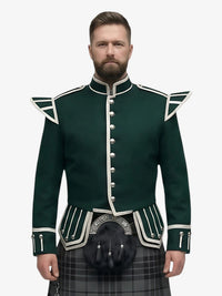 Grey Watch Tartan Doublet Kilt Outfit with Dark Green Jacket Front View with Light Grey Background