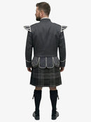 Man wearing a gray jacket with white accents and a grey watch tartan plaid kilt on a white background