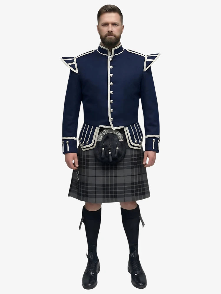 Tenue de Kilt Doublet en Tartan Grey Watch avec Veste Bleu Marine