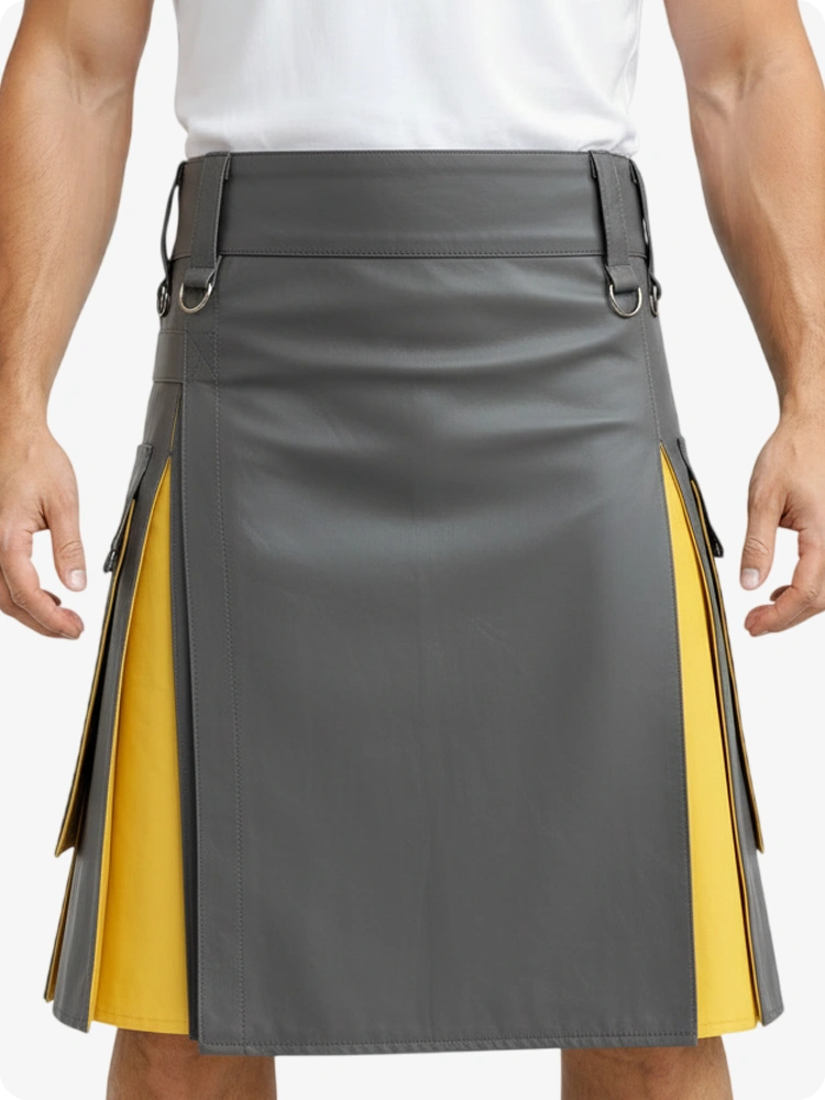 Kilt en cuir gris et jaune avec poches cargo