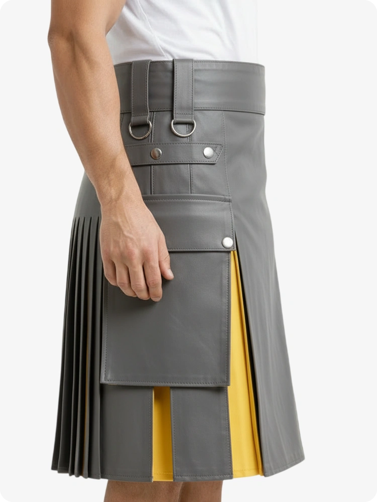 Kilt en cuir gris et jaune avec poches cargo