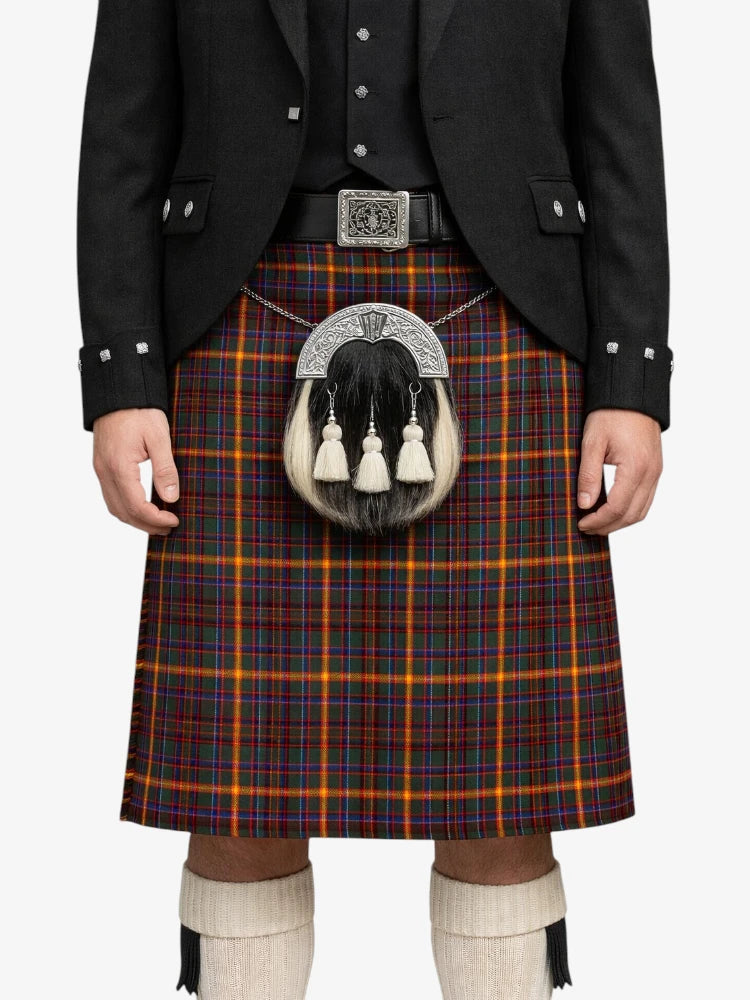 Person wearing a traditional Scottish kilt with a tartan pattern on a white background