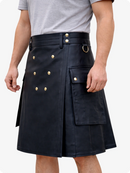 Handcrafted Black Leather Utility Kilt with Front Button Rivets