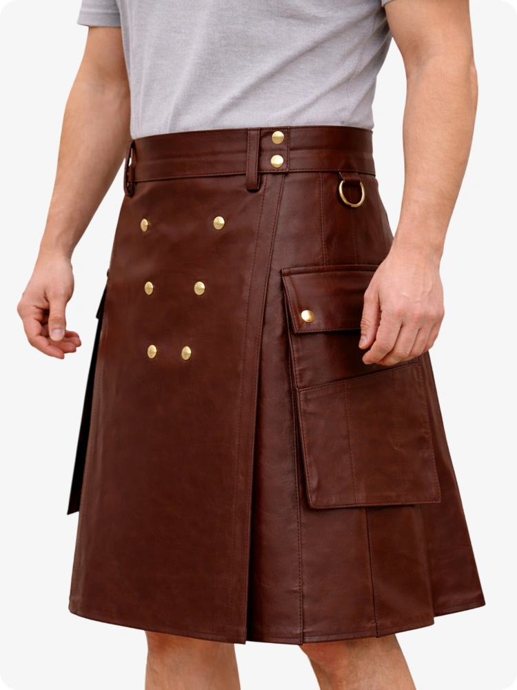 Handcrafted Brown Leather Utility Kilt with Front Button Rivets