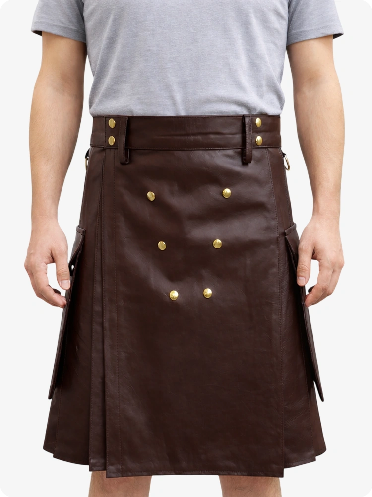 Handcrafted Chocolate Brown Leather Utility Kilt with Front Button Rivets