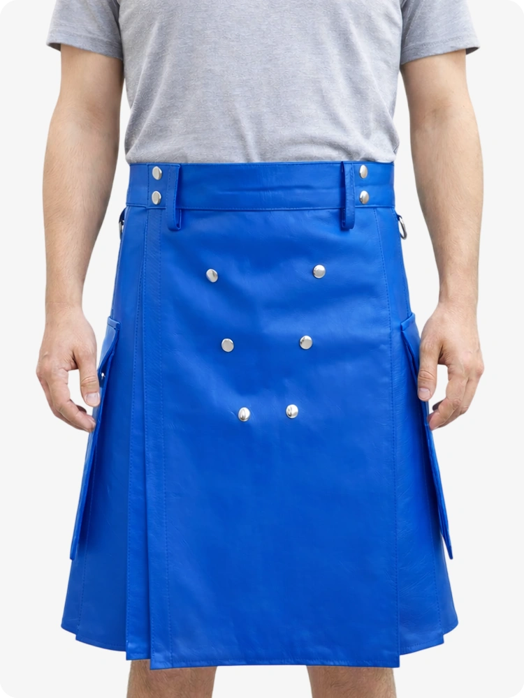 Handcrafted Electric Blue Leather Utility Kilt with Front Button Rivets