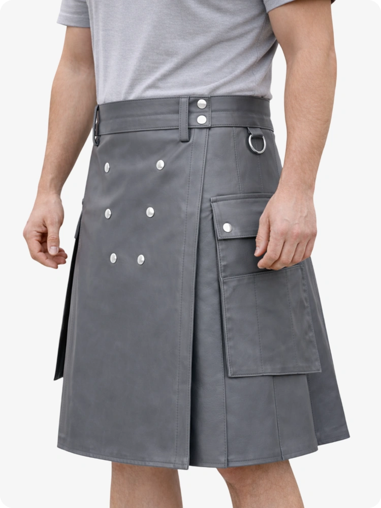 Handcrafted Grey Leather Utility Kilt with Front Button Rivets