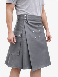 Handcrafted Grey Leather Utility Kilt with Front Button Rivets