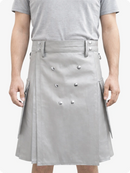 Handcrafted Light Grey Leather Utility Kilt with Front Button Rivets