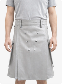 Handcrafted Light Grey Leather Utility Kilt with Front Button Rivets